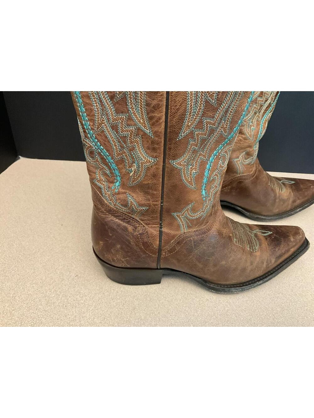 Womens JB Dillon Brown Leather Cowboy Boots W/ Turquoise Embroidery. Size 6B. - Picture 3 of 11
